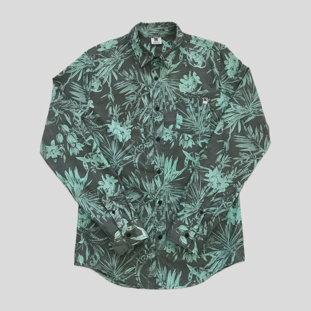 DC Gray Green Floral Hawaiian Long Sleeve Cotton Skater Shirt Mens S